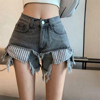 Mock Two-piece Fringed Hem Denim Hot Pants