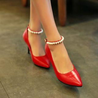 Genuine-leather Beaded Kitten-heel Pumps
