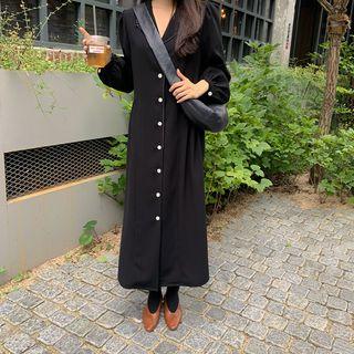 Collared Long-sleeve Maxi A-line Dress Black - One Size