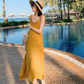 Dotted Ruffled Slit Maxi Sundress