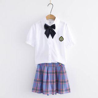Set: Short-sleeve Logo Embroidered Shirt + Plaid Mini A-line Skirt