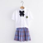 Set: Short-sleeve Logo Embroidered Shirt + Plaid Mini A-line Skirt