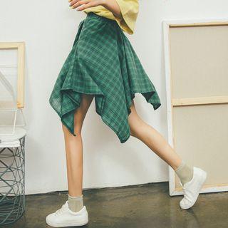 Mock Two Piece Plaid A-line Skirt