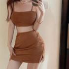 Set: Cutout Cropped Camisole Top + Mini Pencil Skirt Set Of 2 - Camisole Top & Skirt - Caramel - One Size