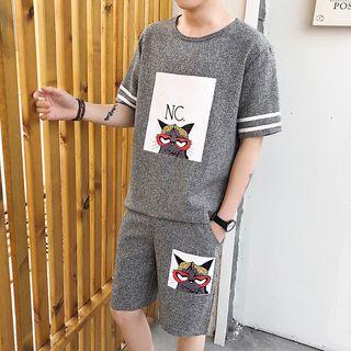 Set: Cat Print Short-sleeve T-shirt + Shorts