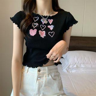 Short-sleeve Heart Embroidered Wood Ear Trim T-shirt
