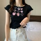 Short-sleeve Heart Embroidered Wood Ear Trim T-shirt