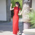 Cap-sleeve Floral Jacquard Midi Qipao