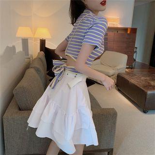 Striped Short-sleeve T-shirt / Layered Mini A-line Skirt