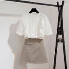 Set: Ruffled Short-sleeve Blouse + Mini A-line Skirt
