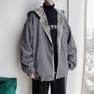 Reversible Plaid Zipped Hooded Jacket