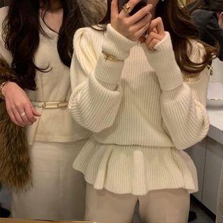 Long-sleeve Ribbed Ruffled Sweater White - One Size