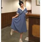 Short-sleeve Wide-collar Flower Print A-line Midi Dress