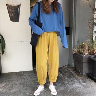 Plain Long-sleeve Loose-fit Cropped T-shirt / Plain Jogger Pants