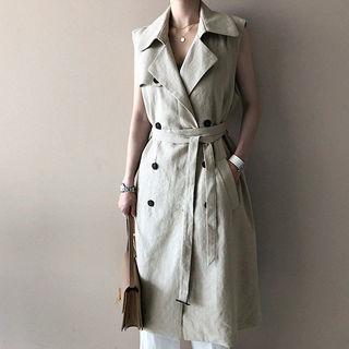 Belted Long Linen Trench Vest