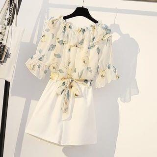 Elbow-sleeve Print Blouse / Wide-leg Shorts / Set