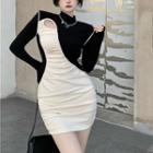 Long-sleeve Mock-neck Two-tone Mini A-line Dress