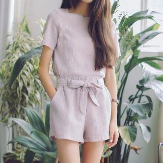 Set: Short-sleeve Crinkle Top + Plain Shorts With Sash