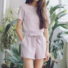 Set: Short-sleeve Crinkle Top + Plain Shorts With Sash