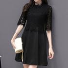 Mock Two Piece Lace Overlay Elbow Sleeve Dress