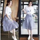 Set: Short-sleeve Print T-shirt + Striped Midi Skirt