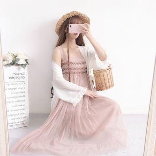 Square-neck Shirred Sleeveless Midi Dress