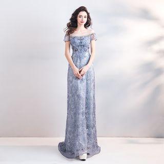 Mock Off Shoulder Embroidered Evening Gown