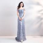Mock Off Shoulder Embroidered Evening Gown