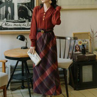 Set: Collared Sweater + Plaid Midi Straight-fit Skirt