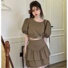 Puff-sleeve Cropped Blouse / Layered Mini A-line Skirt