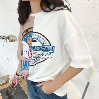 Contrast Panel Elbow-sleeve T-shirt