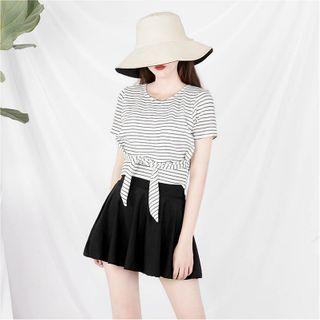 Set: Striped Short-sleeve Tankini + Swim Skirt