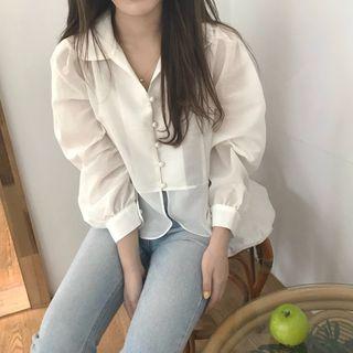 Long-sleeve Collared Sheer Blouse