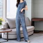 Set: Fringe Trim Denim Short-sleeve Top + Wide-leg Jeans