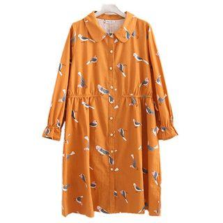 Bird Print Long-sleeve Shirt Dress