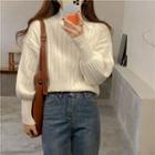 Puff-sleeve Turtleneck Ribbed Knit Sweater