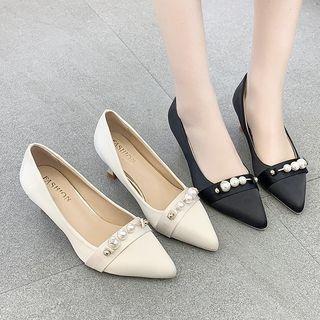 Pointed Faux Pearl Flared Heel Pumps