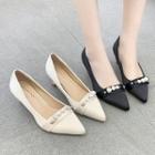 Pointed Faux Pearl Flared Heel Pumps