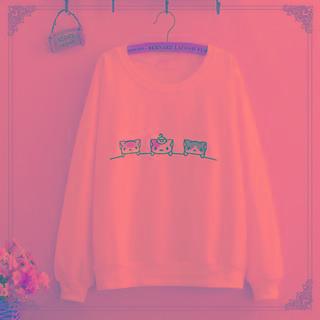 Cat Embroidered Round Neck Sweatshirt
