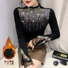 Mock-neck Long-sleeve Rhinestone T-shirt