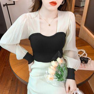 Puff-sleeve Square-neck Panel Knit Top