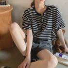 Short-sleeve Striped Loose-fit Top As Figure - One Size