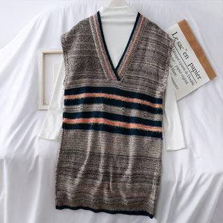 Colorblock Long Knit Vest Coffee - One Size