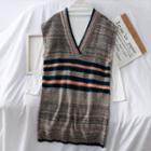 Colorblock Long Knit Vest Coffee - One Size