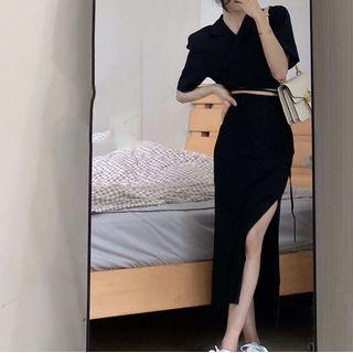 Short-sleeve Crop Shirt / Side-slit Midi Pencil Skirt
