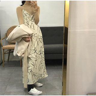 V-neck Flower Print Spaghetti Strap Midi Dress Almond - One Size