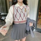 Argyle Sweater Vest / Pleated Mini Skirt / Knit Polo Shirt