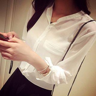 Band Collar Elbow Sleeve Shirt