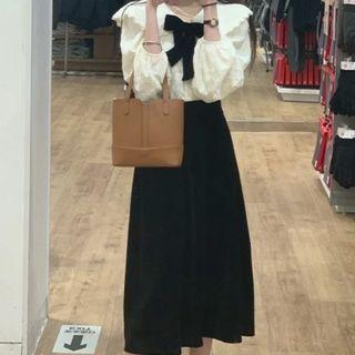 Long-sleeve Bow Blouse / Midi A-line Skirt