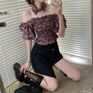 Set: Short-sleeve Off-shoulder Floral Print Crop Top + Irregular Mini Denim Skirt